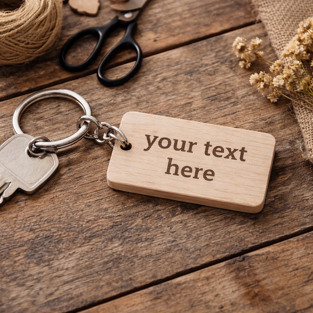 Wooden keyring with generic 'your text here' placeholder