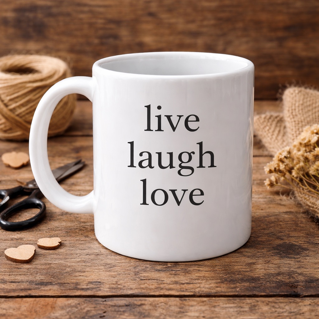 Mug with generic 'live laugh love' text